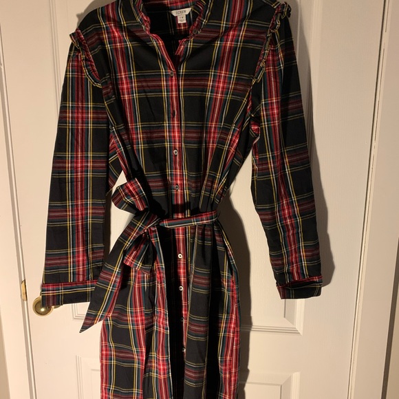 J. CREW Women’s Shirt Dress Size 14 Belted Watch Plaid Tartan Long Sleeve - Picture 3 of 4